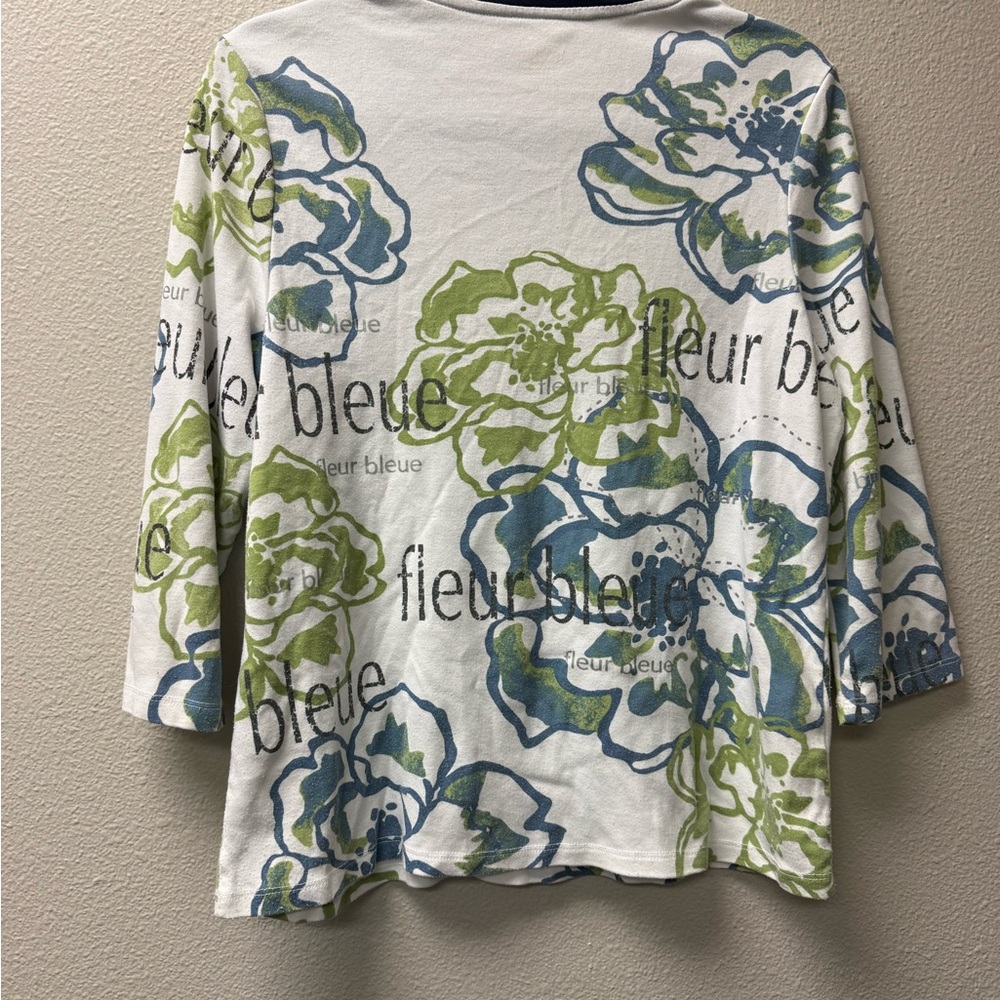 Allison Daley Floral V-Neck Top Blue Green 3/4 Sleeve Medium - Picture 5 of 6